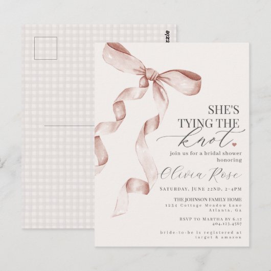 Pastel Beige Coquette Bow Vrijgezellenfeest Uitnod Briefkaart (Voorkant / Achterkant)