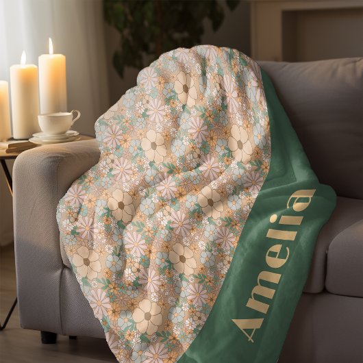 Pastel beige groene bloemen patroonnaam fleece deken