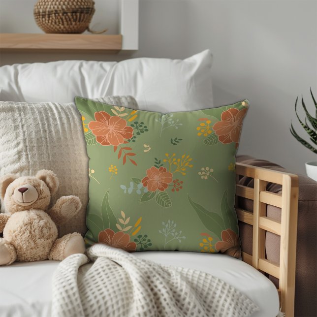 Pastel beige groene mint bloempatroon monogram kussen (Creator heeft geüpload)