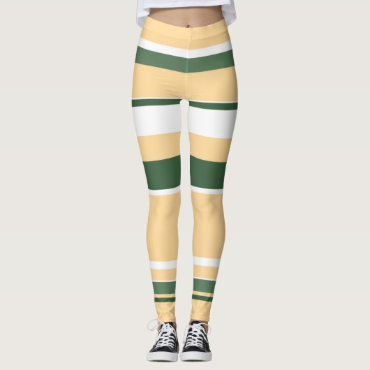 Pastel Beige Olive Green White Lines Stripes Leggings (Voorkant)