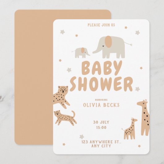 Pastel Beige Schattige Illustratief Baby shower Kaart (Voorkant / Achterkant)