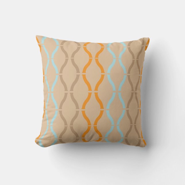 Pastel Beige Sinaasappel & Blauw Geometrisch Retro Kussen (Voorkant)