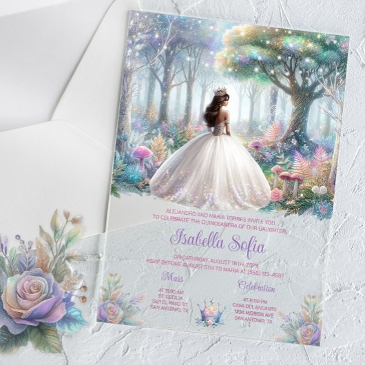 Pastel betoverd bos Quinceañera Acryl Uitnodigingen