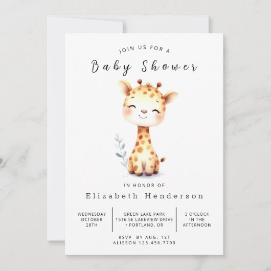 Pastel bewerkbare Giraffe Baby shower Kaart (Voorkant)