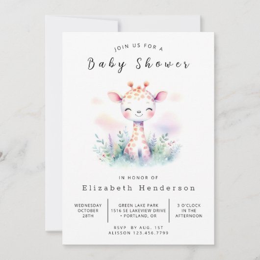 Pastel bewerkbare Giraffe Baby shower Kaart (Voorkant)