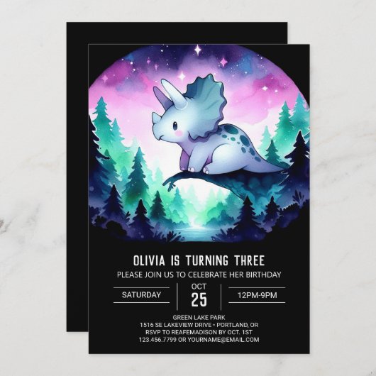 Pastel Bewerkbare Triceratops Verjaardag Kaart (Voorkant / Achterkant)