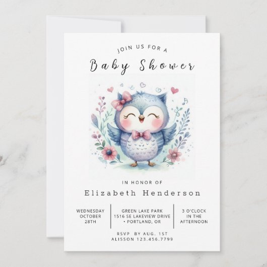 Pastel bewerkbare uil Baby shower Kaart (Voorkant)
