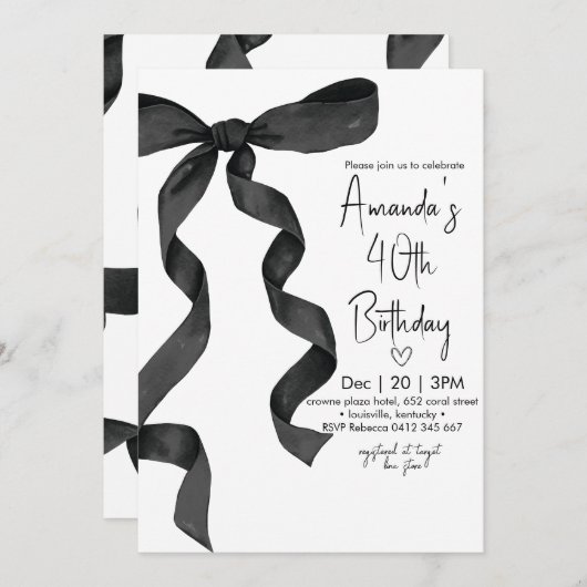 Pastel Black Bow Elegante Verjaardag Kaart (Voorkant / Achterkant)