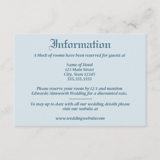 Pastel Blauw Blad en Bloemen Monogram Bruiloft Informatiekaartje (Voorkant)