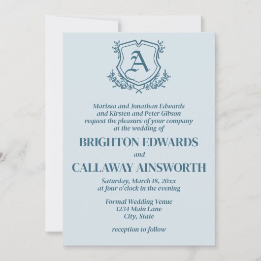 Pastel Blauw Blad en Bloemen Monogram Bruiloft Kaart (Voorkant)