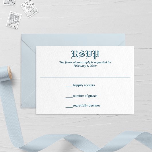 Pastel Blauw Blad en Bloemen Monogram Bruiloft RSVP Kaartje