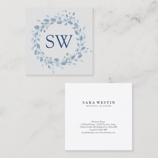 Pastel Blauw Bladeren Bloemen Monogram Bruiloft Pl Vierkante Visitekaartje (Voorkant / Achterkant)
