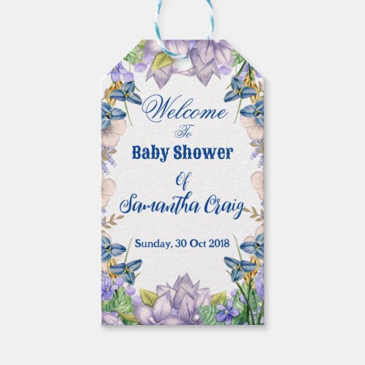 Pastel Blauw Bloeit Paarse Lila Bloemen Baby showe Cadeaulabel (Voorkant)