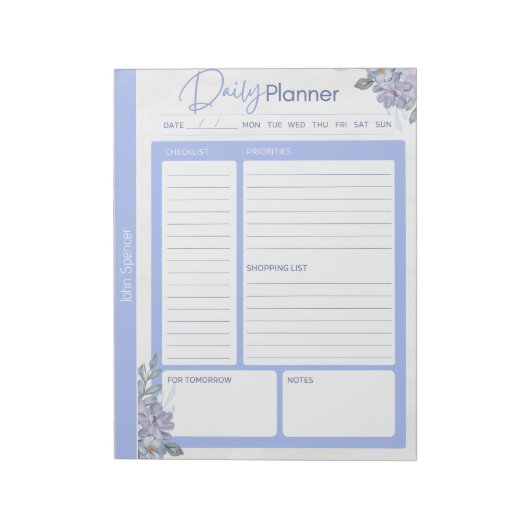 Pastel Blauw Bloemen Dagelijkse Planner Notitieblok (Linkerzijde)