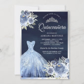 Pastel Blauw Bloemen Gown Navy Zilver Quinceanera Kaart (Voorkant)