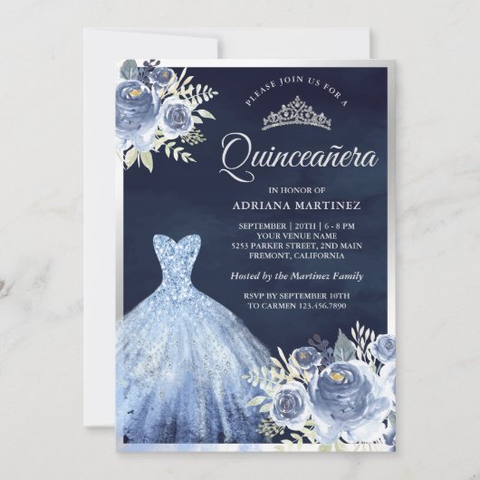 Pastel Blauw Bloemen Gown Navy Zilver Quinceanera Kaart (Voorkant)