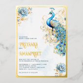Pastel Blauw Bloemen Indiaas Peacock Bruiloft Goud Folie Uitnodiging (Voorkant)