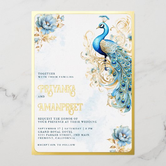 Pastel Blauw Bloemen Indiaas Peacock Bruiloft Goud Folie Uitnodiging (Voorkant)