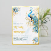 Pastel Blauw Bloemen Indiaas Peacock Bruiloft Goud Folie Uitnodiging (Staand Voorkant)