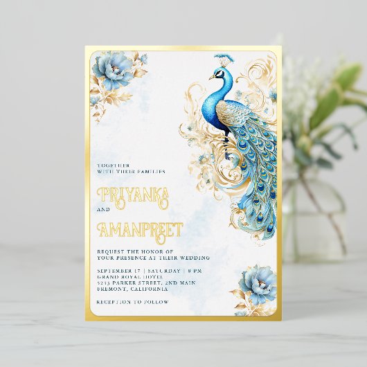 Pastel Blauw Bloemen Indiaas Peacock Bruiloft Goud Folie Uitnodiging (Staand Voorkant)