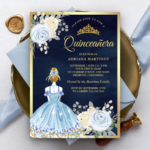 Pastel Blauw Bloemen Jurk Navy Gold Quinceanera Kaart