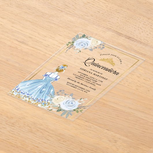 Pastel Blauw Bloemen Jurk Prinses Goud Quinceanera Acryl Uitnodigingen (Laagn)