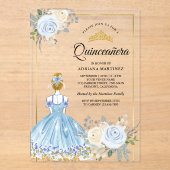 Pastel Blauw Bloemen Jurk Prinses Goud Quinceanera Acryl Uitnodigingen (Voorkant)