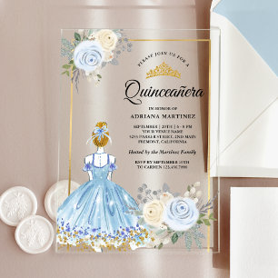 Pastel Blauw Bloemen Jurk Prinses Goud Quinceanera Acryl Uitnodigingen