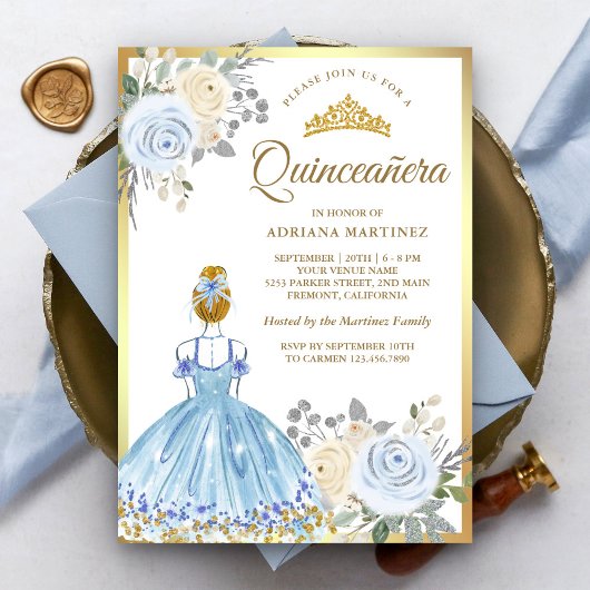 Pastel Blauw Bloemen Jurk Prinses Goud Quinceanera Kaart