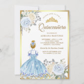 Pastel Blauw Bloemen Jurk Prinses Goud Quinceanera Kaart (Voorkant)