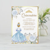 Pastel Blauw Bloemen Jurk Prinses Goud Quinceanera Kaart (Staand voorkant)