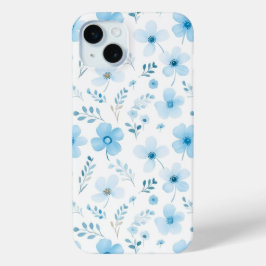 Pastel Blauw Boho Bloemen Bloemen Patroon iPhone 15 Mini Hoesje