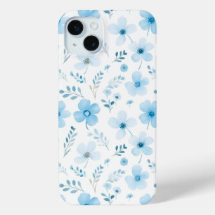 Pastel Blauw Boho Bloemen Bloemen Patroon iPhone 15 Mini Hoesje
