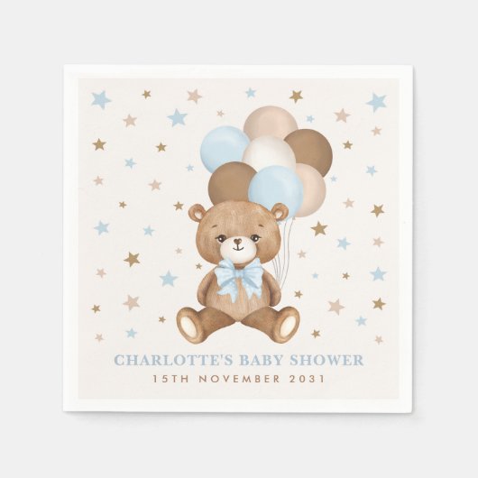 Pastel Blauw Bruin Teddy Bear Balloons Baby shower Servet (Voorkant)