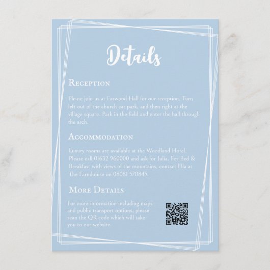 Pastel Blauw Elegant QR Code Bruiloft Details Informatiekaartje (Voorkant)