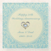 Pastel blauw en beige damast. 50e Jubileum Glazen Onderzetter (Voorkant)