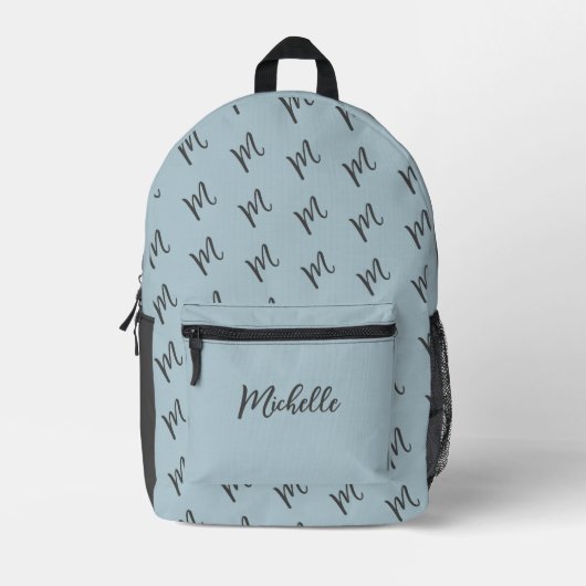 Pastel Blauw en Donkergrijs | Naam kalligrafie Bedrukte Rugzak (Voorkant)