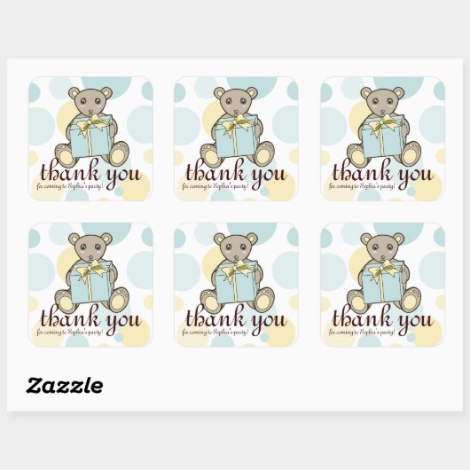 Pastel Blauw en Geel Leuke Teddybeer Dank u Vierkante Sticker (Vel)