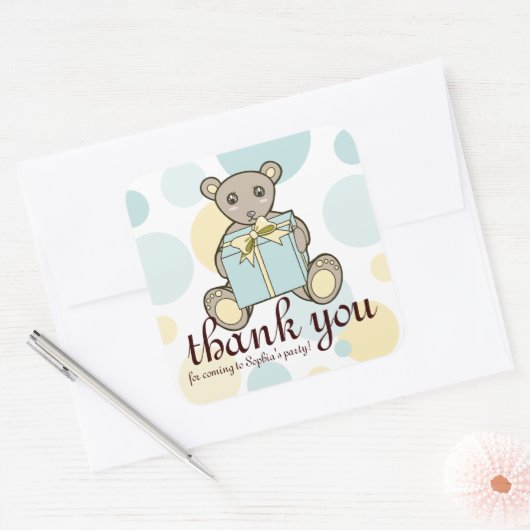 Pastel Blauw en Geel Leuke Teddybeer Dank u Vierkante Sticker (Envelop)