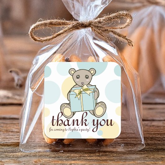 Pastel Blauw en Geel Leuke Teddybeer Dank u Vierkante Sticker