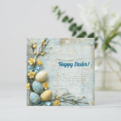 Pastel blauw en geel paaseieren feestdagenkaart (Staand voorkant)
