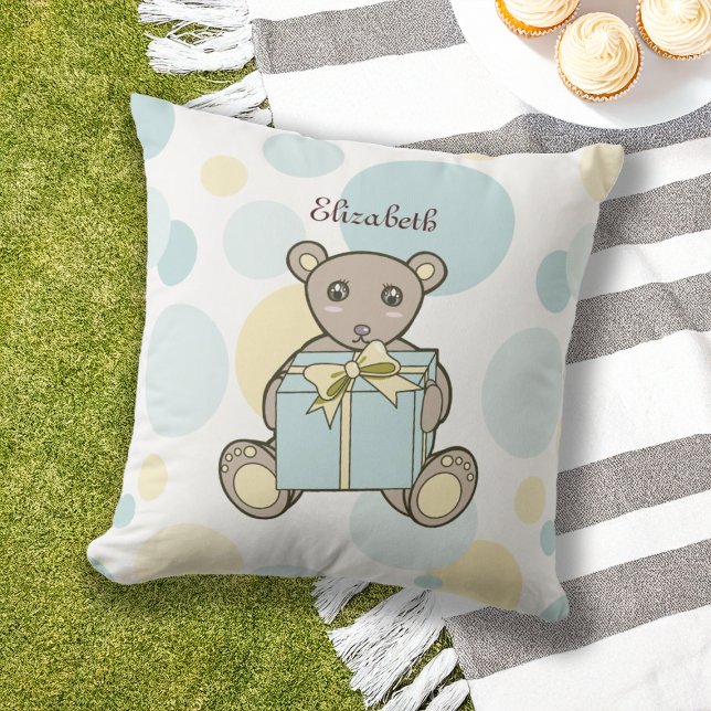 Pastel Blauw en Geel Teddybeer Kinder Outdoor Buitenkussen (Creator heeft geüpload)