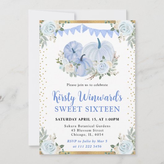 Pastel Blauw en Goud Bloemen Pompoenen Herfst Swee Kaart (Voorkant)