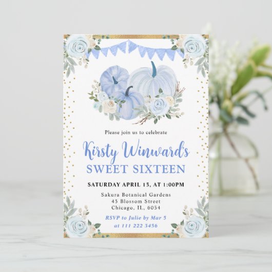 Pastel Blauw en Goud Bloemen Pompoenen Herfst Swee Kaart (Staand voorkant)