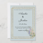 Pastel blauw en goud lavendel roze bloemenbruiloft kaart (Voorkant)