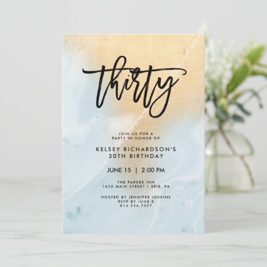 Pastel blauw en goud marmer | 30e verjaardag kaart (Staand voorkant)