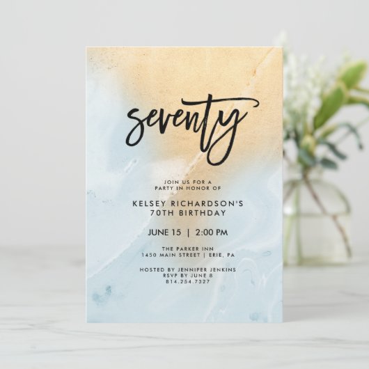 Pastel blauw en goud marmer | 70e verjaardag kaart (Staand voorkant)