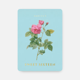 Pastel Blauw en Goud Zoet 16 Verjaardag Bloemen Folie Uitnodiging