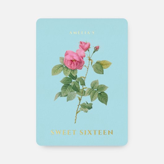 Pastel Blauw en Goud Zoet 16 Verjaardag Bloemen Folie Uitnodiging