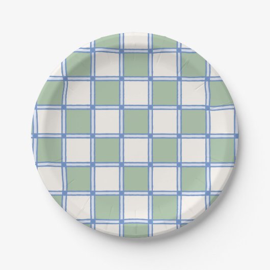 Pastel blauw en groen geschilderde checkers papieren bordje (Voorkant)
